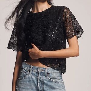 NWT Blue Tassel Anthropologie Black Sequin Lace Top Size Small